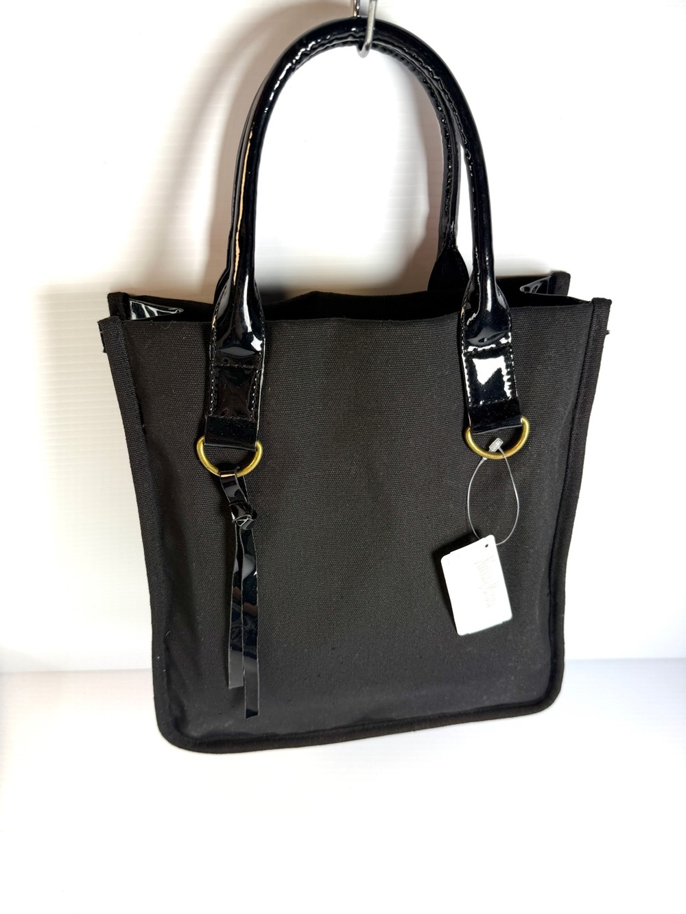 Neiman Marcus Black Canvas Tote with Patent Trim